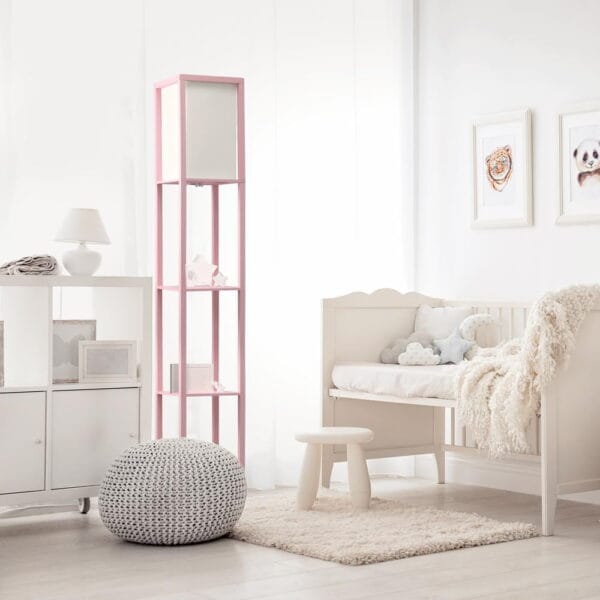 Simple Designs Wood Etagere Shelving Floor Lamp in Light Pink with Cream Shade - Image 2