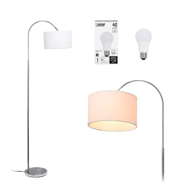 Simple Designs 66" Modern Brushed Nickel Arched Floor Lamp with White Shade, with LED Bulb Included - Image 2
