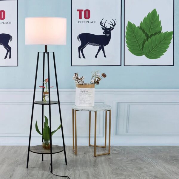 Mainstays Etagere 62" Matte Black Mid-Century Style Floor Lamp, with 2 Wood Shelves - Image 5