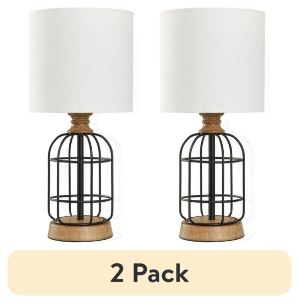 (2 pack) Mainstays Black Metal Cage Table Lamp with Wood Accents and Drum Shade, 17"