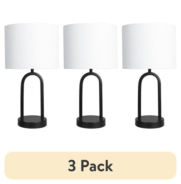 (3 pack) Mainstays 16.75"H Metal Black Arch Table Lamp with White Fabric Lamp Shade