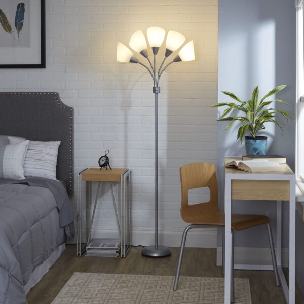 Mainstays 5-Light Multihead Floor Lamp, Silver with White Shade and a Metal Base - Image 4