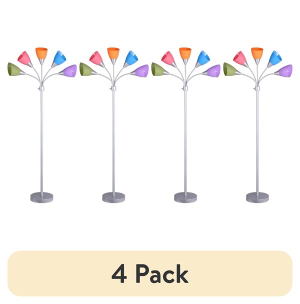 (4 pack) Mainstays 5 Light Floor Lamp, Multi-Color Shades, Metal Silver Finish, Modern, Young Adult Use