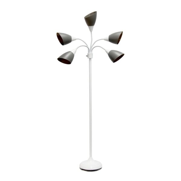 5 Light Adjustable Gooseneck White Floor Lamp with Gray Shades