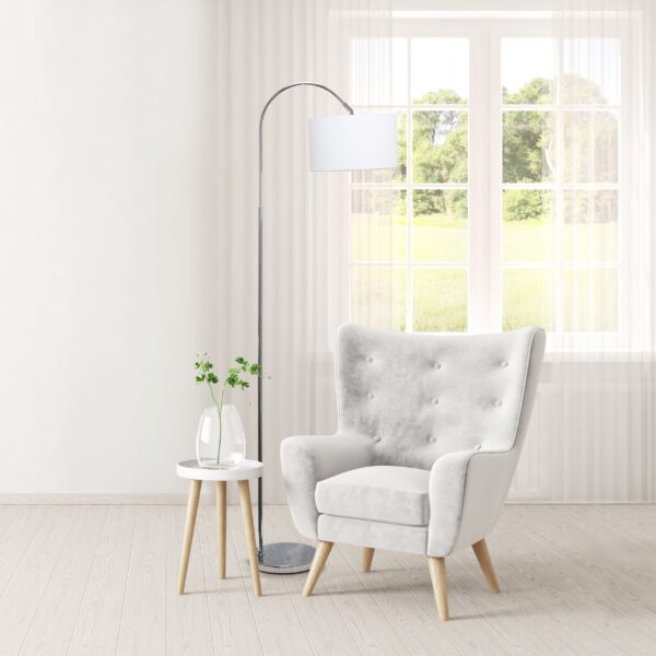 Simple Designs 66" Arched Brushed Nickel Floor Lamp with Drum Fabric Shade, White - Image 4