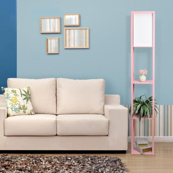 Simple Designs Wood Etagere Shelving Floor Lamp in Light Pink with Cream Shade - Image 4