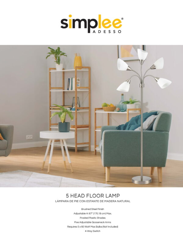 Simplee Adesso 67" Adjustable 5 Lite Brushed Steel Metal Floor Lamp, Modern, Adult , Young Adult Use - Image 2