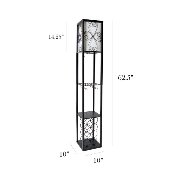 Simple Designs Wood Etagere Floor Lamp w/ Wine Rack in Black with Cream Shade - Image 3