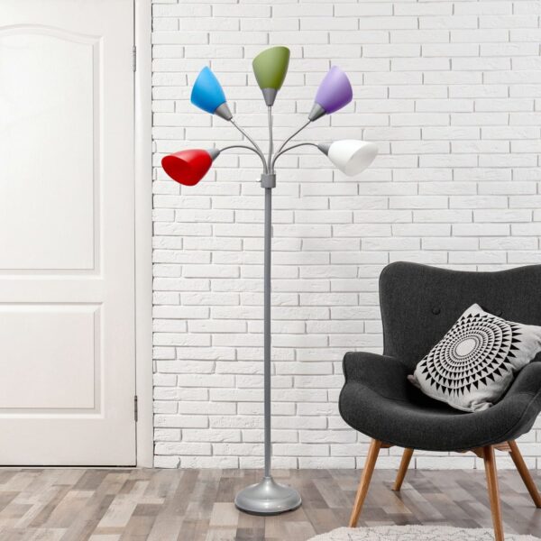 5 Light Adjustable Gooseneck White Floor Lamp with Gray Shades - Image 4