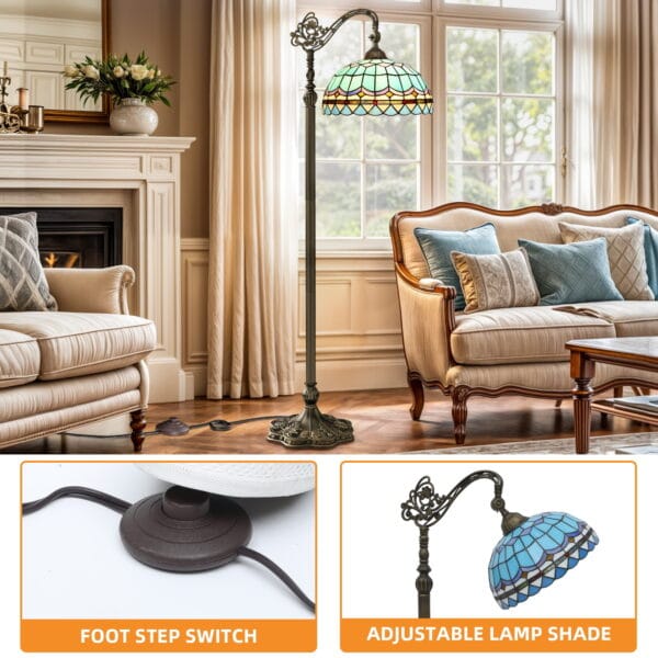 Uforic Tiffany Floor Lamp with Stained Glass Shade, Flexible Gooseneck and Foot Switch for Bedroom (Bulb Excluded) - Image 3