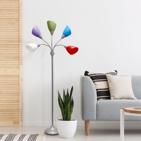 5 Light Adjustable Gooseneck White Floor Lamp with Gray Shades - Image 5