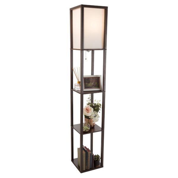 Lavish Home 62-inch Etagere LED Floor Lamp with 3 Tiers of Storage Shelving, Brown