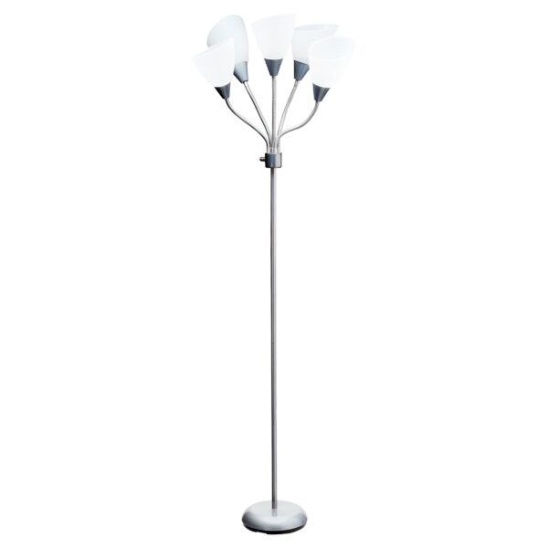 Mainstays 5-Light Multihead Floor Lamp, Silver with White Shade and a Metal Base