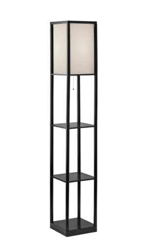 Mainstays 62" Plastic Black Shelf Floor Lamp, Sustainable White Fabric Shade ,Modern Design, New Condition, Adult and Dorm Room Use