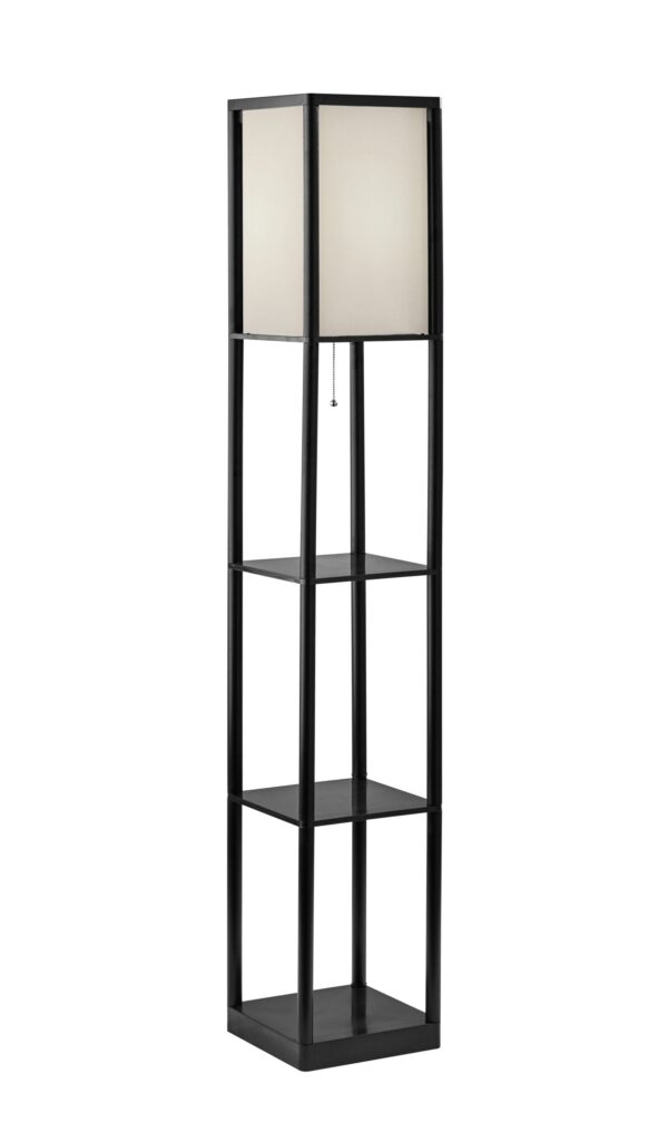 Mainstays 62" Plastic Black Shelf Floor Lamp, Sustainable White Fabric Shade ,Modern Design, New Condition, Adult and Dorm Room Use