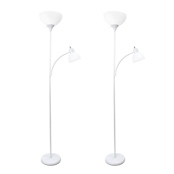 Simple Designs 71.5" 2-Pack Floor Lamp Set with Reading Light, White with White Shades