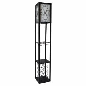 Simple Designs Wood Etagere Floor Lamp w/ Wine Rack in Black with Cream Shade