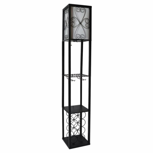 Simple Designs Wood Etagere Floor Lamp w/ Wine Rack in Black with Cream Shade