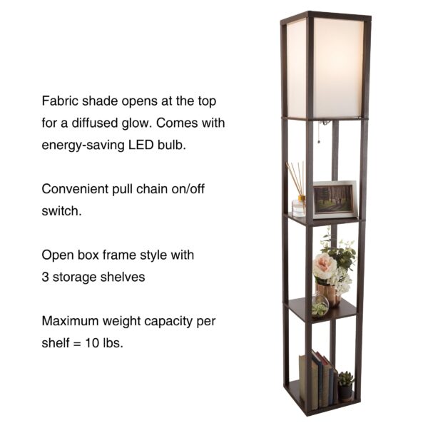 Lavish Home 62-inch Etagere LED Floor Lamp with 3 Tiers of Storage Shelving, Brown - Image 3