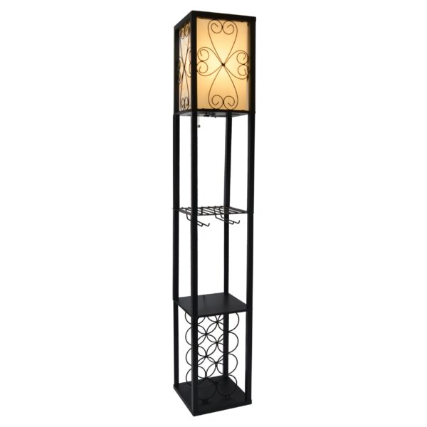 Simple Designs 62.5" 3-Shelf Etagere Storage & Wine Rack Floor Lamp with LED Bulb, Black - Image 2