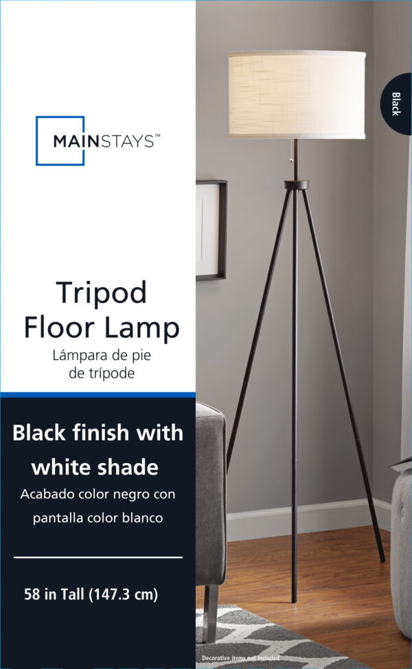 Mainstays 58" Black Metal Tripod Floor Lamp, Modern, Young Adult Dorms and Adult Home Office Use. - Image 4