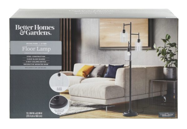 Better Homes & Gardens 63.5 in 3 Light Contemporary Black Floor Lamp Clear Glass - Image 4