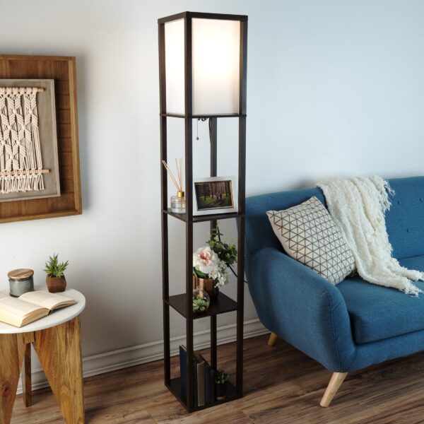 Lavish Home 62-inch Etagere LED Floor Lamp with 3 Tiers of Storage Shelving, Brown - Image 4