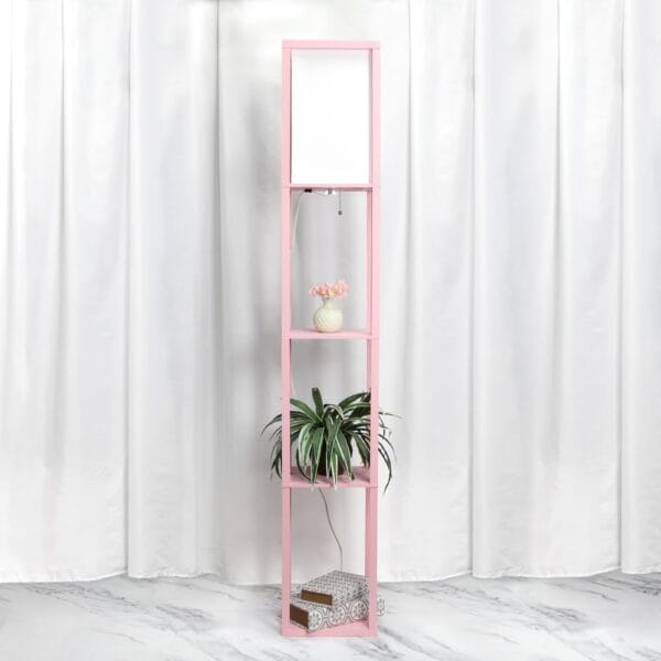 Simple Designs Wood Etagere Shelving Floor Lamp in Light Pink with Cream Shade - Image 3