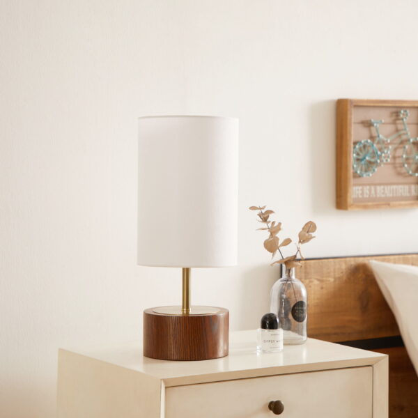 Better Homes & Gardens 16.25" Walnut and Brushed Brass Finish Woodgrain Touch Table Lamp - Image 2